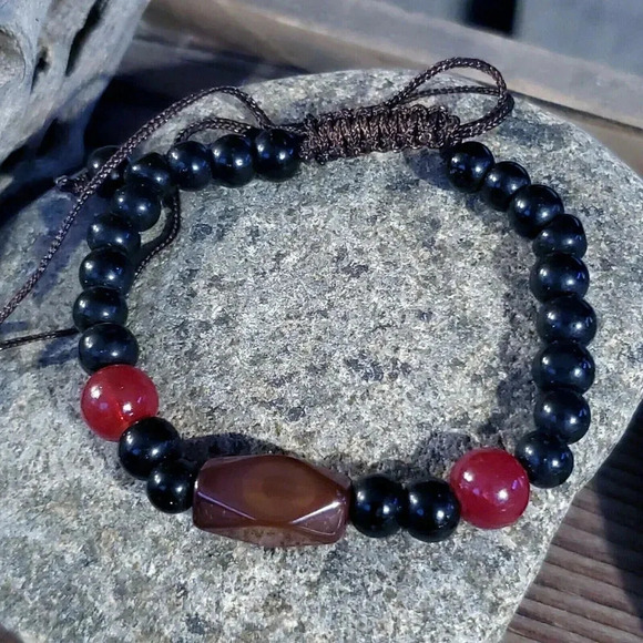 Handcrafted Tibetan Red Amber Dzi Agate Beads Healing Energy Gemstone Bracelet - Picture 1 of 5